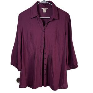 White & Stag Bordeaux Button Up 3/4 Sleeve Roll Tab Blouse Top Size Medium